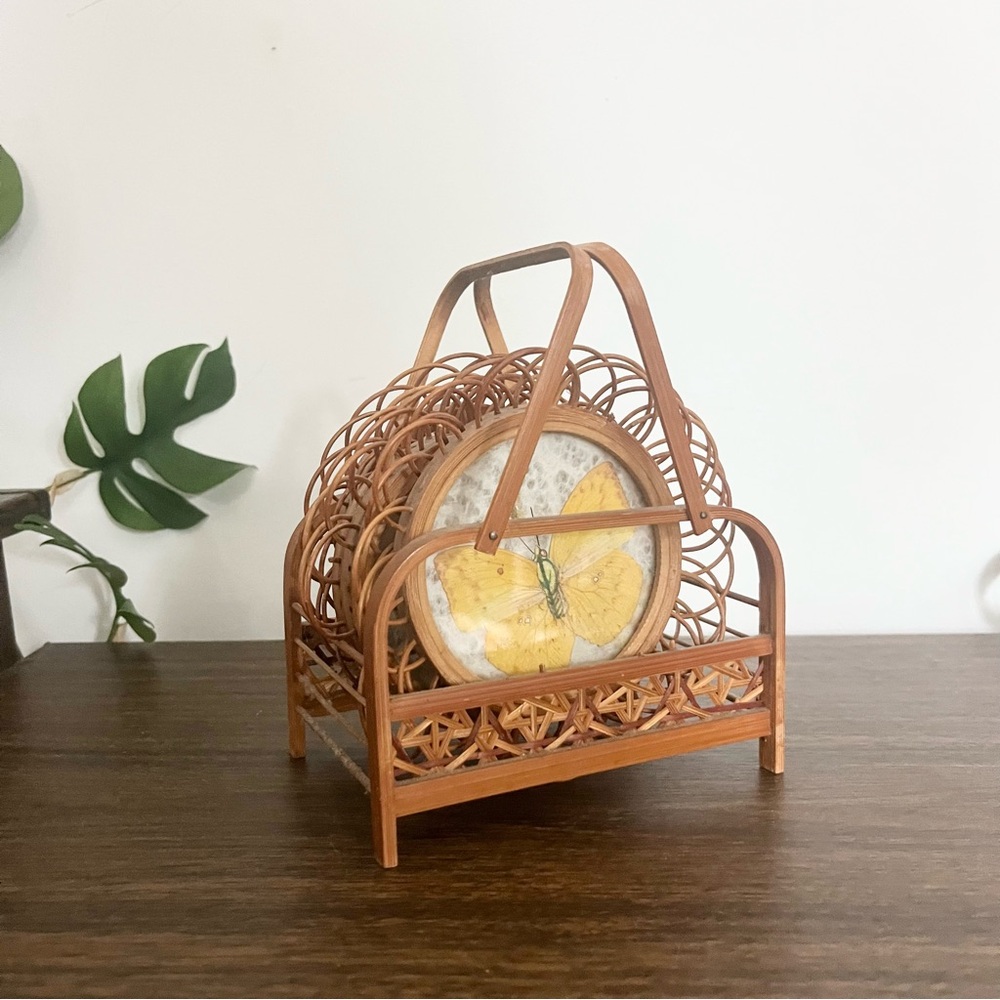 Vintage Butterfly Coaster Set of 6 with Rattan Holder READ NOTES Imperfect